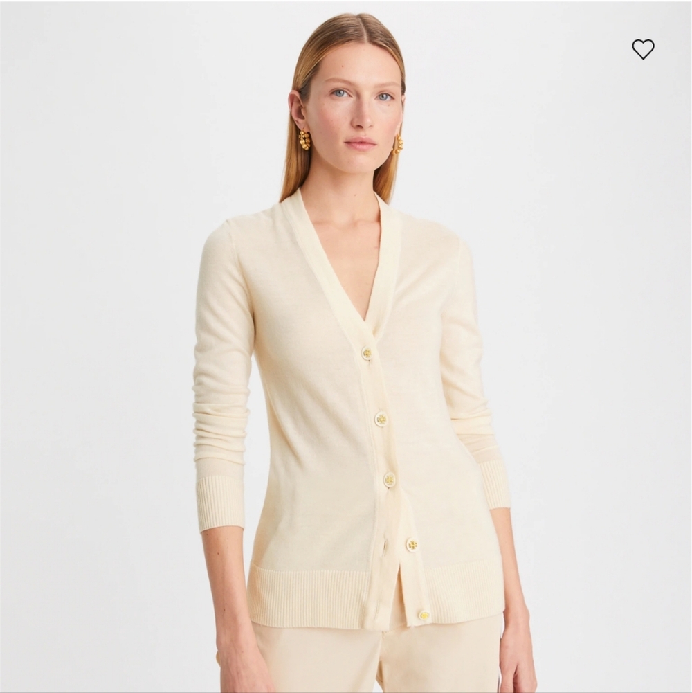 Tory Burch Simone New Ivory Merino Wool Lightweight Cardigan Gold Buttons S